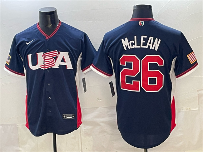 Men's USA Baseball #26 Nolan McLean Navy 2026 World Baseball Classic Road Stadium Stitched Jersey